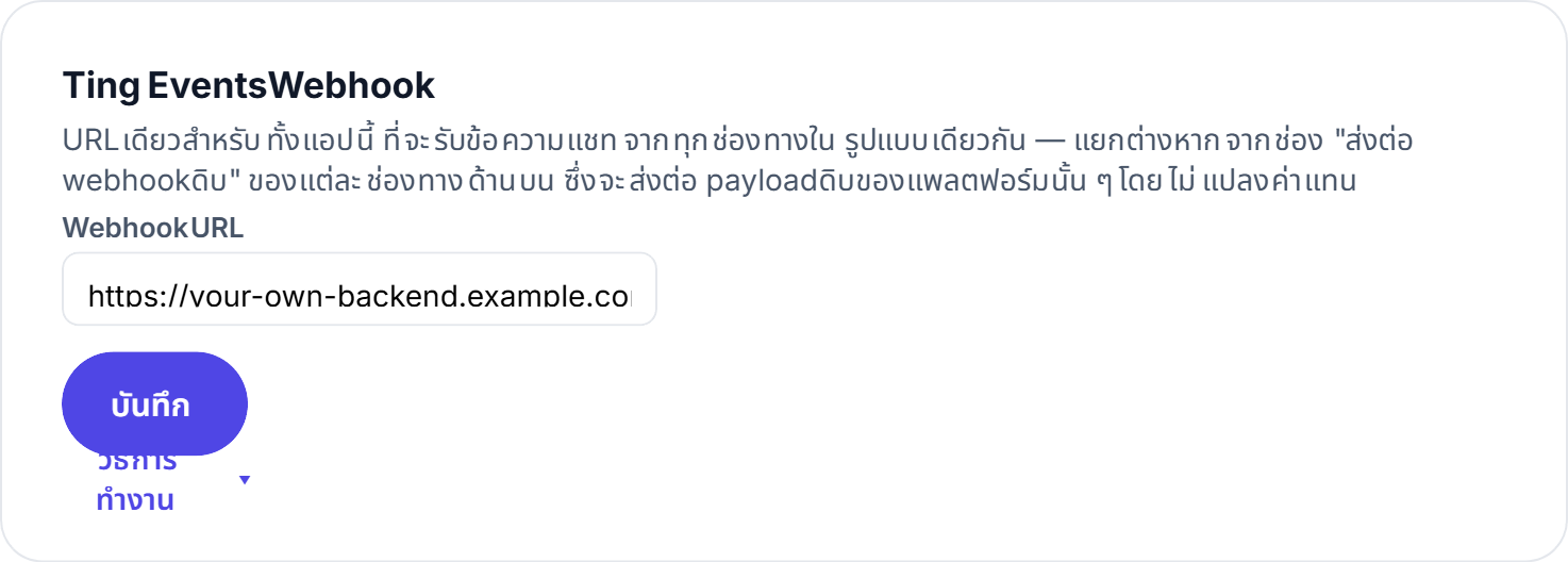 The Ting Events Webhook card on an app's Settings tab in the Ting console