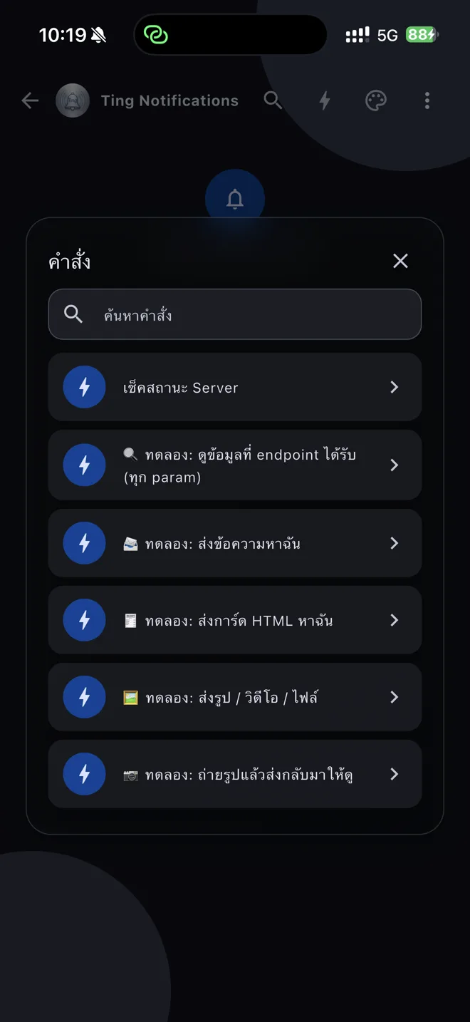 The demo commands listed in the Ting Notifications room