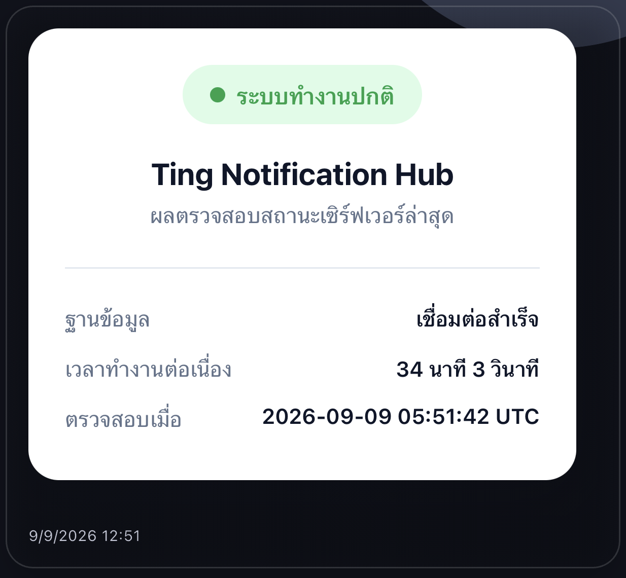 The server status card as shown in the Ting Notifications: all systems normal, database connected, uptime and time of check